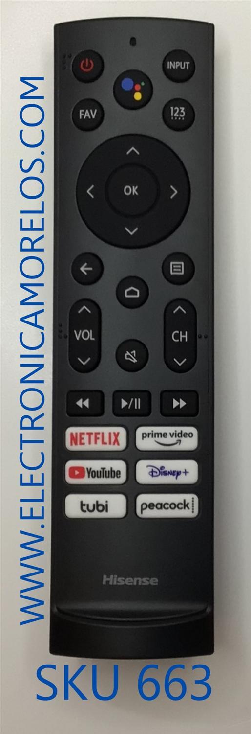 CONTROL REMOTO ORIGINAL PARA SMART TV HISENSE CON COMANDO DE VOZ / NUMERO DE PARTE ERF3A90 / 2AVIGBR0002 / FH210729000625P3 D.C. / MODELOS 43A53FU / 50A53FUA / 50A66FUA / 55A53FUA / 65A53FUA / 65A66FUA / 75A66FUA / 75A53FUA / 55A66FUA